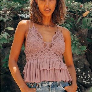 Free People Mauve Crochet Lace Babydoll Tank Top Strappy Back Boho Festival S